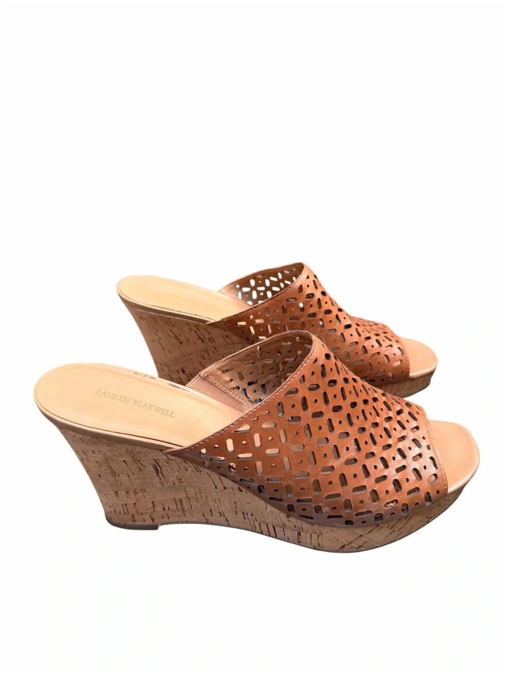 Lauren Blakwell Women’s 11 Tan Ilene Perforated Cork Wedge Slide Sandals Boho